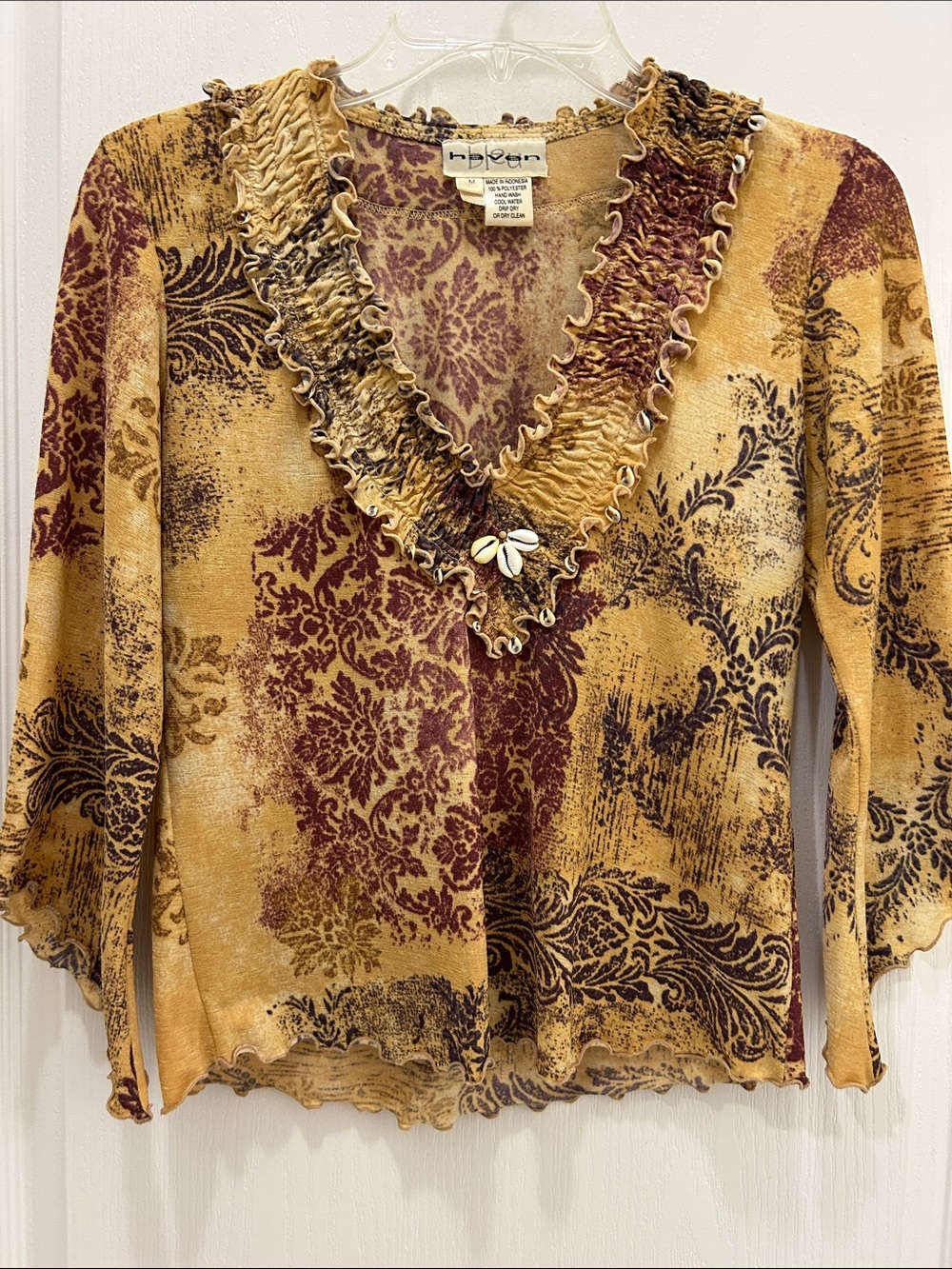 Floral Patchwork Ruffle V-Neck Top in Mustard and Burgundy